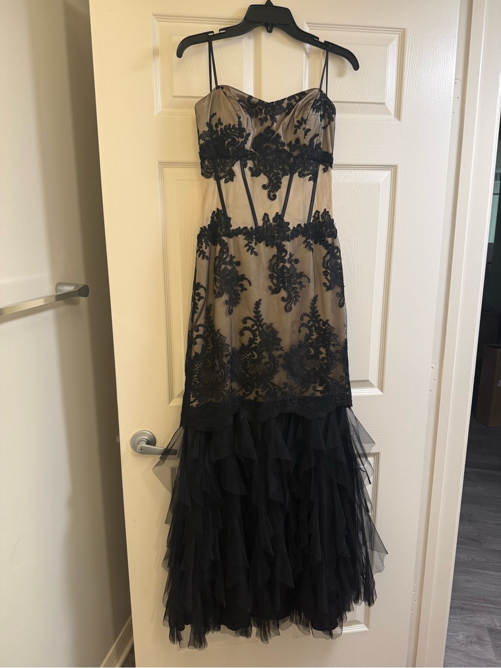 Black Lace & Nude Prom Gown with Tiered Tulle Skirt
